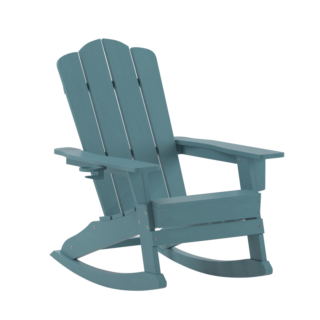 Newport Adirondack Rocking Chair with Cup Holder, Weather Resistant HDPE Adirondack Rocking Chair in Blue