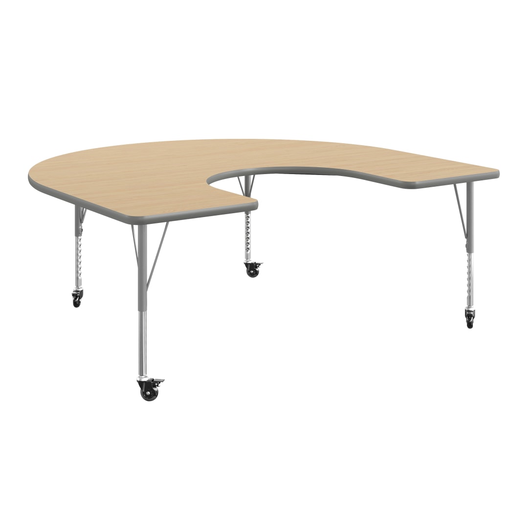 Wren 66'' x 60" Horseshoe Adjustable Height Activity Table, Thermal Laminate Top, Short Legs with Locking Casters, Light Natural