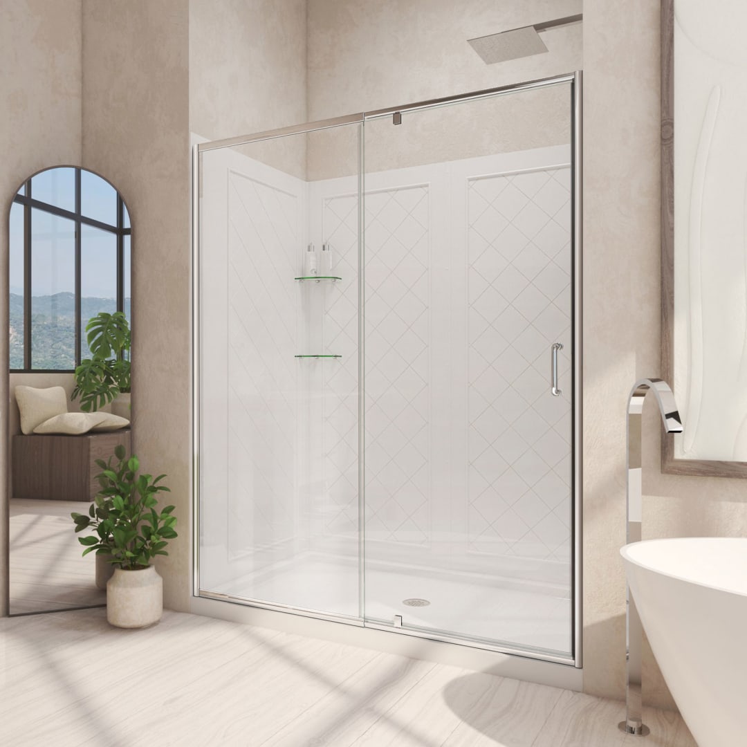 DreamLine Flex 36 inch D x 48 inch W x 76 3/4 inch H Semi-Frameless Pivot Shower Door in Chrome, Shower Base, and Wall Kit in White