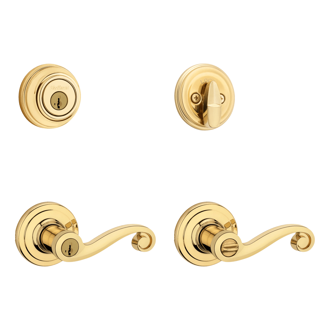 Lido Polished Brass Single Cylinder Deadbolt and Keyed Entry Front Door Handle Combo Set Featuring SmartKey Security