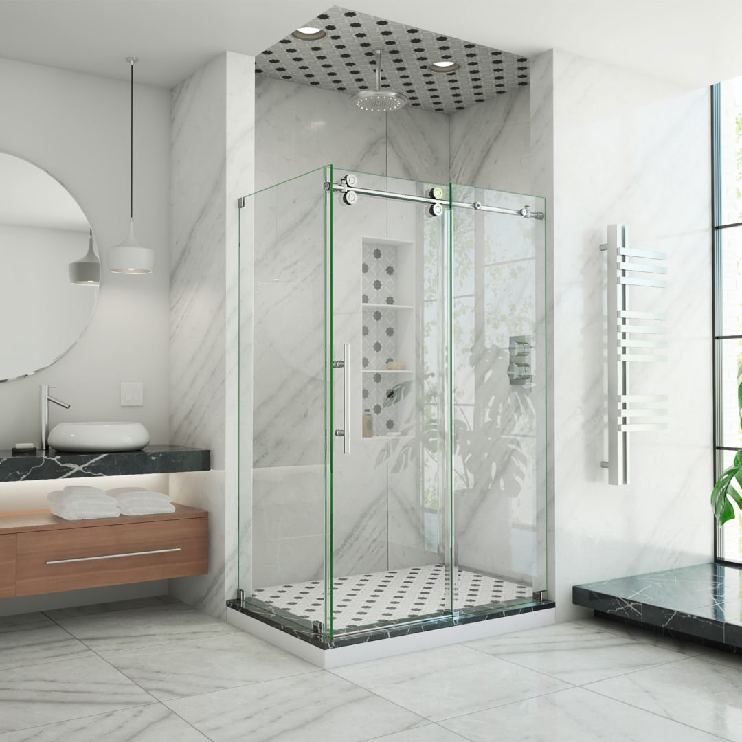 DreamLine Enigma-XO 34 1/2 inch D x 44 3/8 - 48 3/8 inch W x 76 inch H Frameless Sliding Shower Enclosure in Polished Stainless Steel
