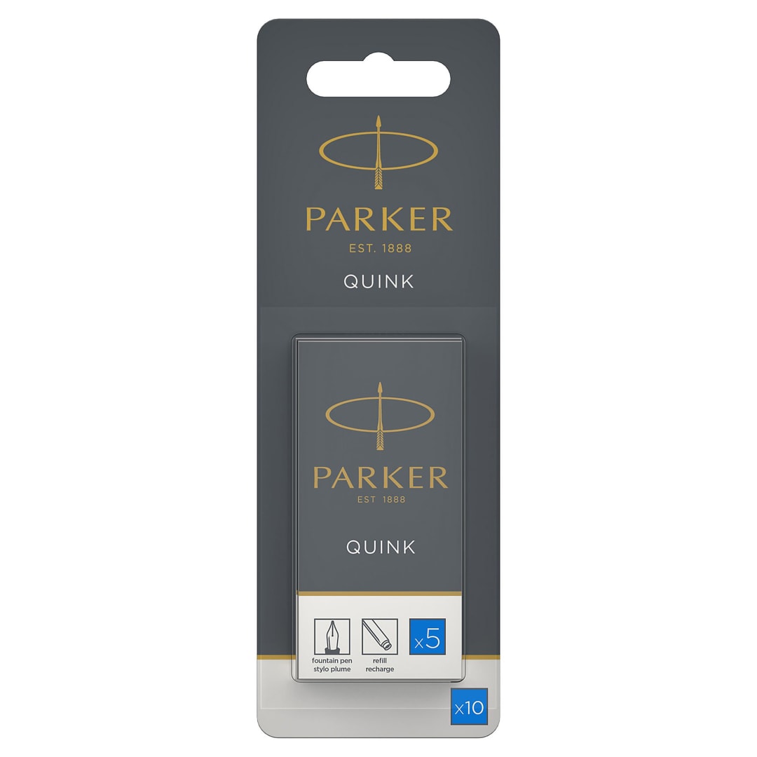 Parker Fountain Pen Ink Refill Cartridges | Long | Washable Blue QUINK Ink | 10 Count