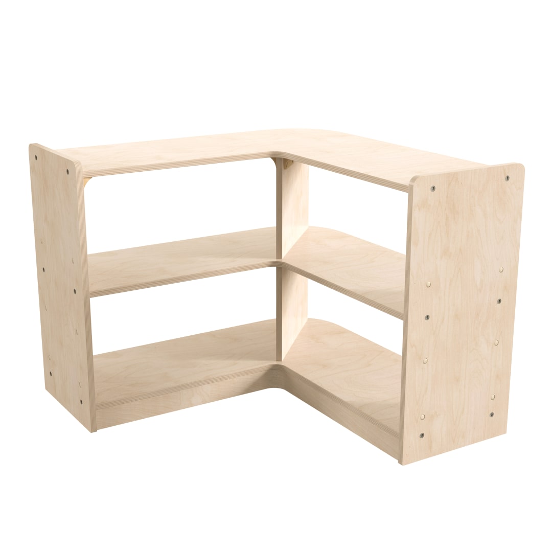 Bright Beginnings Commercial Grade 2 Tier Wooden Classroom Open Corner Storage Unit, Safe, Kid Friendly Design, Natural