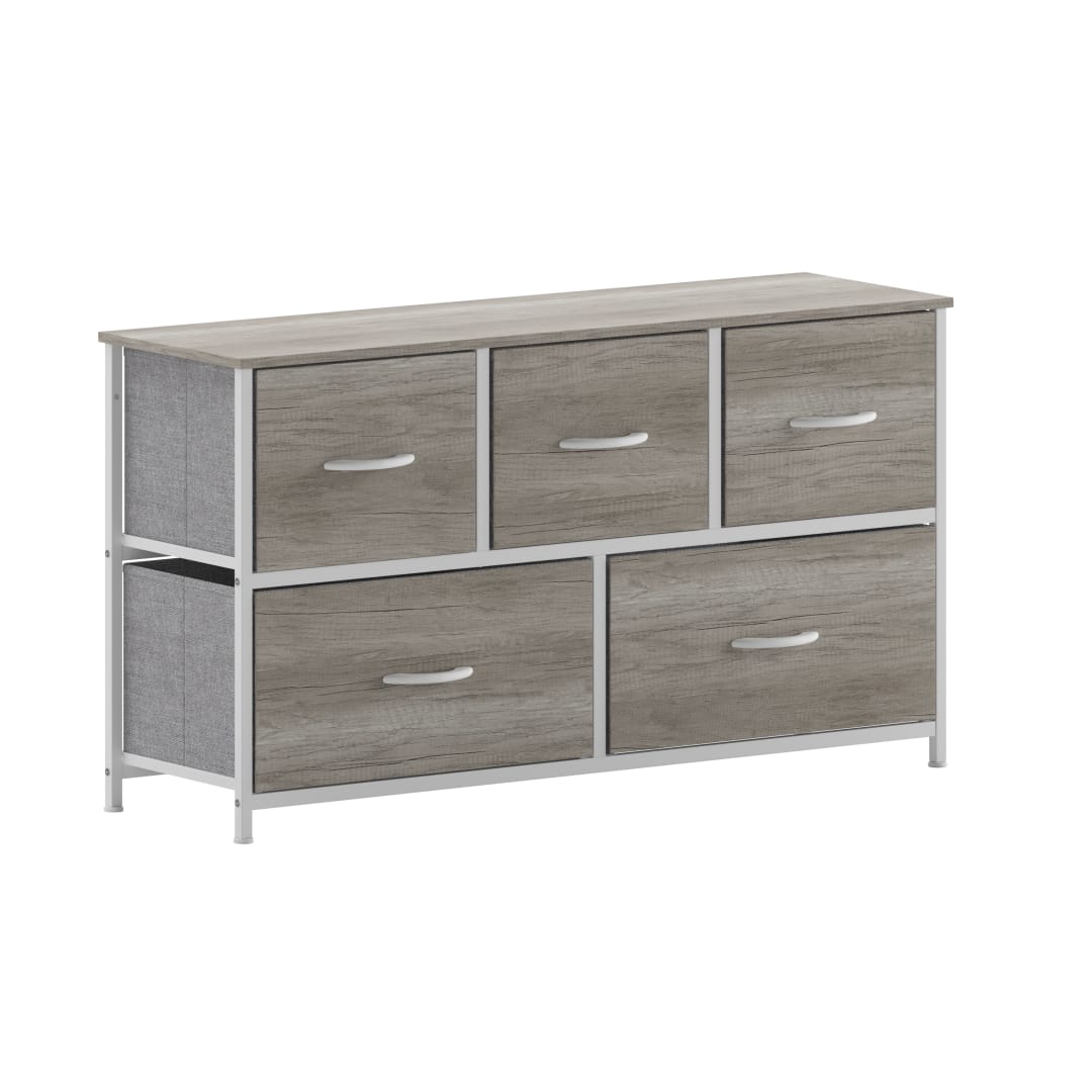 Harris 5 Drawer Storage Dresser with White Cast Iron Frame, Light Natural Wood Top and Easy Pull Engineered Wood Drawers, and White Wooden Handles