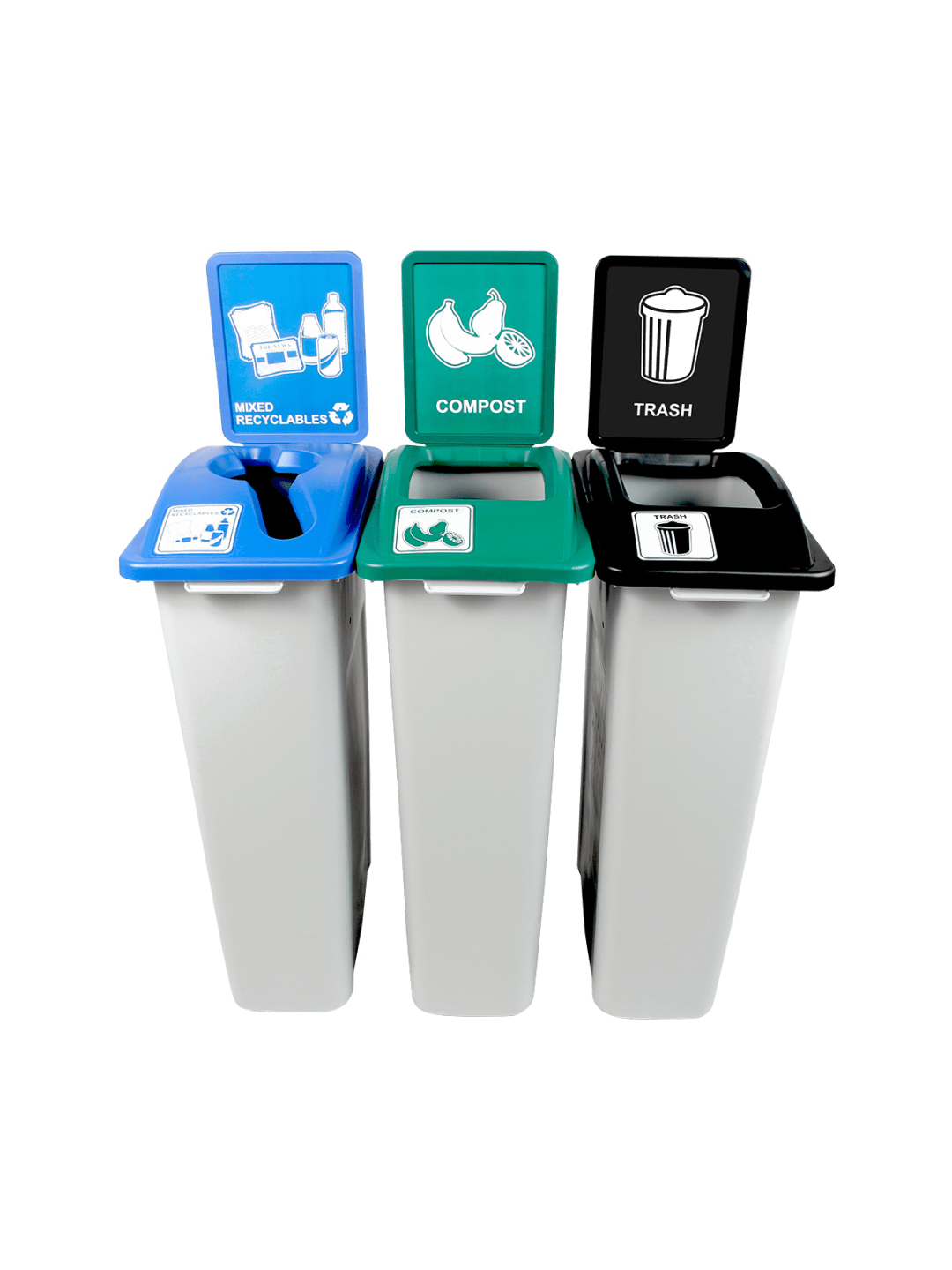  WASTE WATCHER - Triple - Kit - Vermont Compliant - Mixed Recyclables-Compost-Trash - Mixed-Full - Grey-Blue-Green-Black