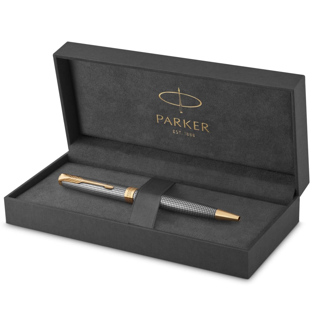 Parker Sonnet Ballpoint Pen | Chiseled Silver with Gold Trim | Medium Point Black Ink | Gift Box