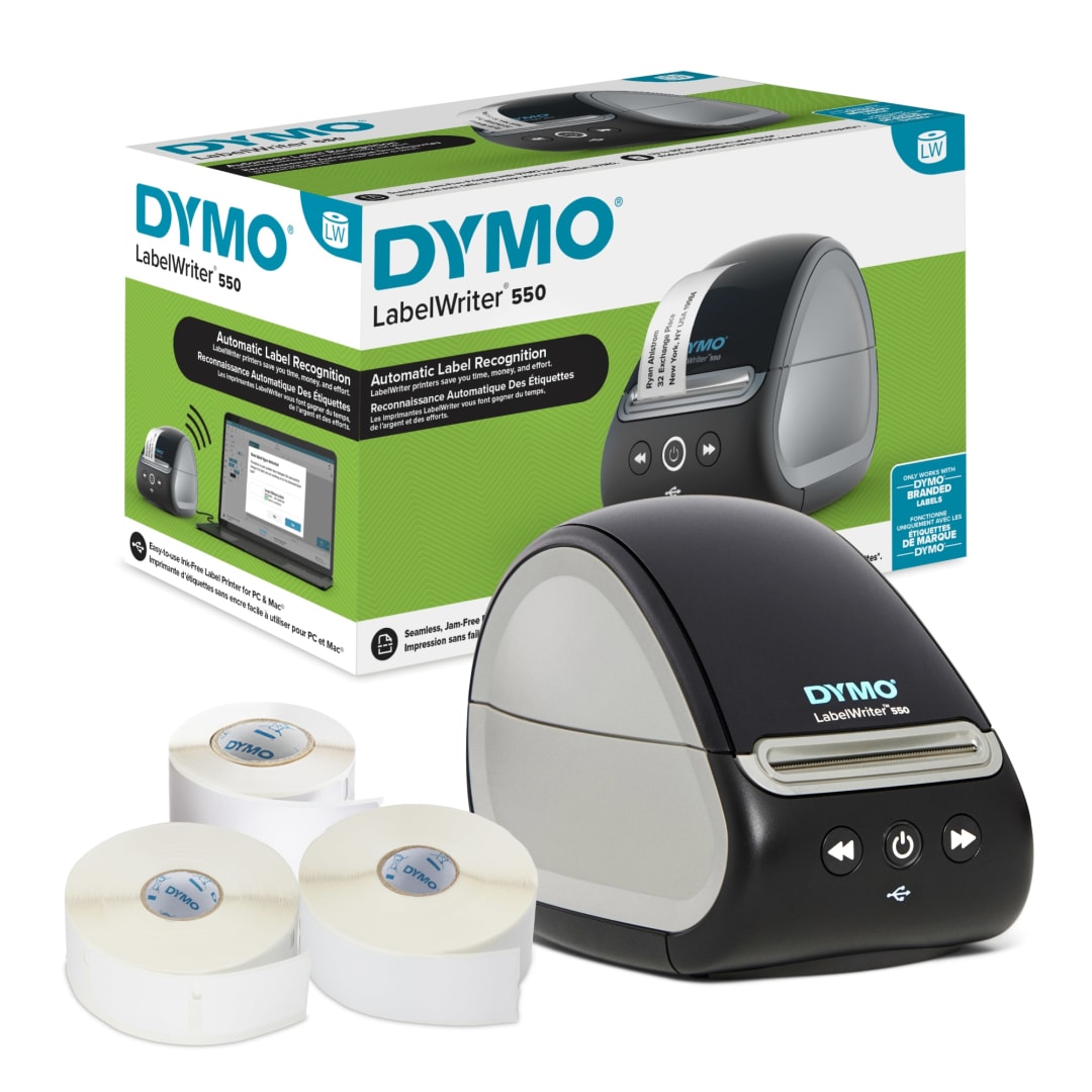 DYMO® LabelWriter™ 550 Label Printer Bundle, Label Maker with Direct Thermal Printing, Automatic Label Recognition™, Includes 1 Roll Each: Address Labels, Multipurpose Labels, Durable Multipurpose Labels