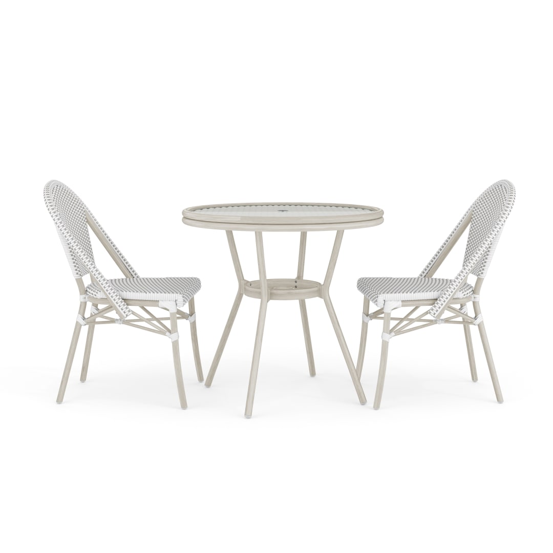 Lily Pond 31.5" Round Indoor-Outdoor Bistro Dining Table with 2 Stackable Bistro Chairs - White/Gray with Natural Woodgrain Aluminum Finish Frame