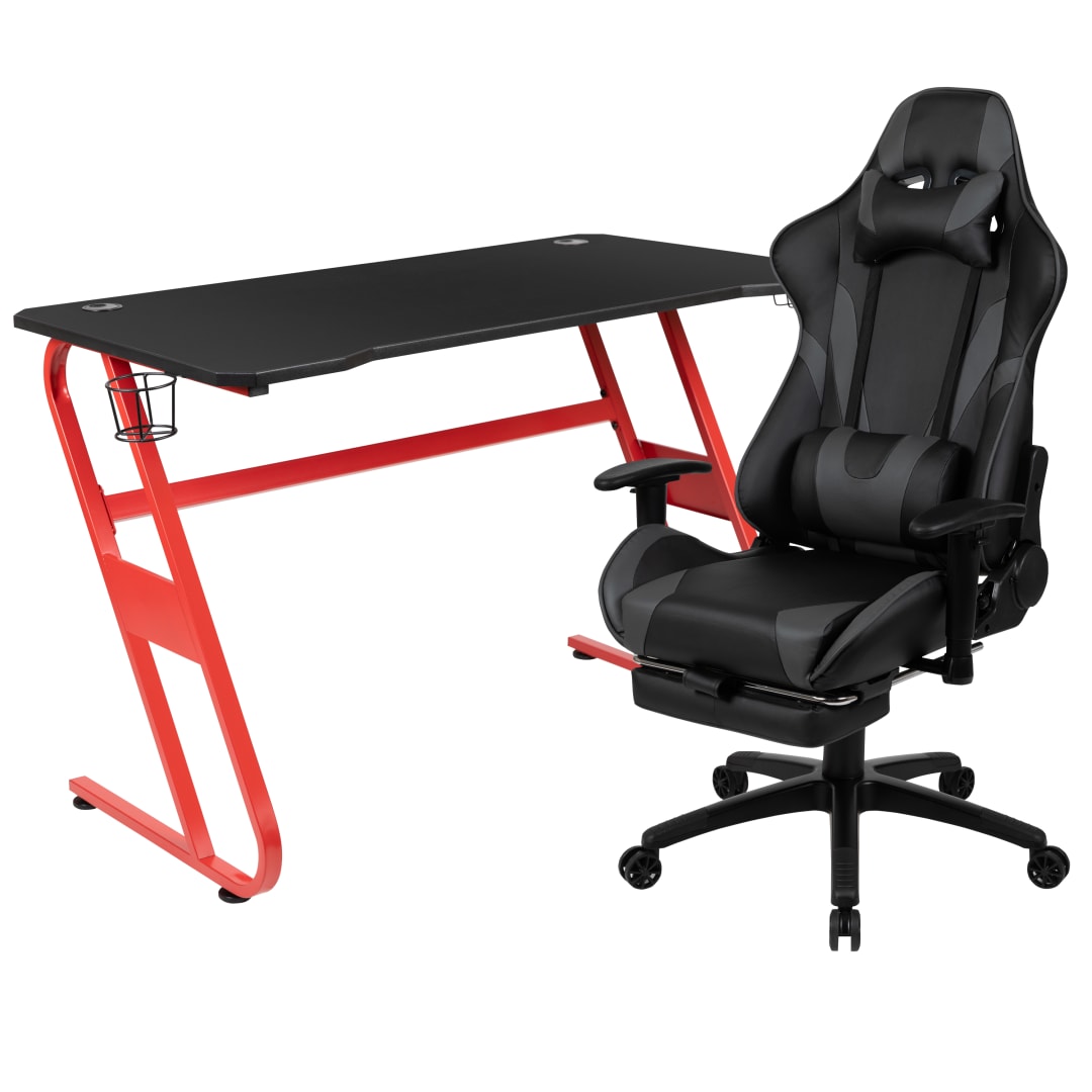 Optis Red Gaming Desk with Cup Holder/Headphone Hook &amp; Gray Reclining Gaming Chair with Footrest