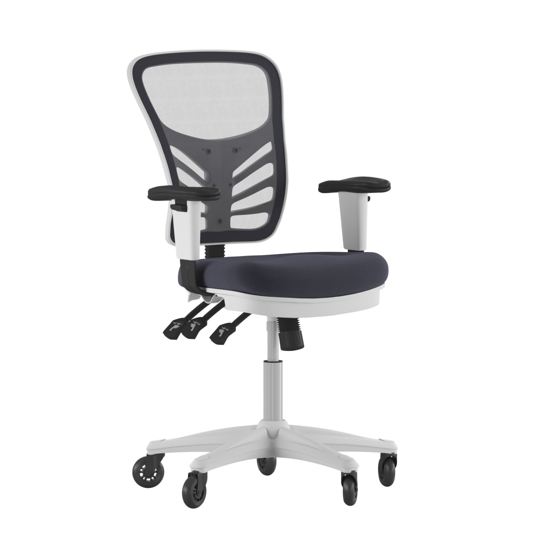 Nicholas Mid-Back Dark Gray Mesh Multifunction Executive Ergonomic Chair with Adjustable Arms, Transparent Roller Wheels, and White Frame