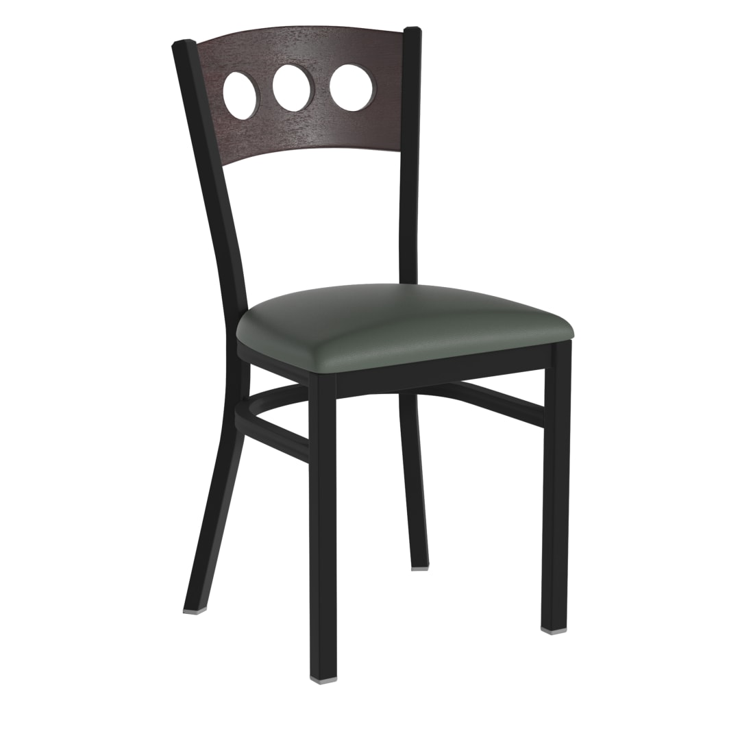 HERCULES Black 3 Circle Back Metal Restaurant Chair - Walnut Wood Back, Green Vinyl Seat