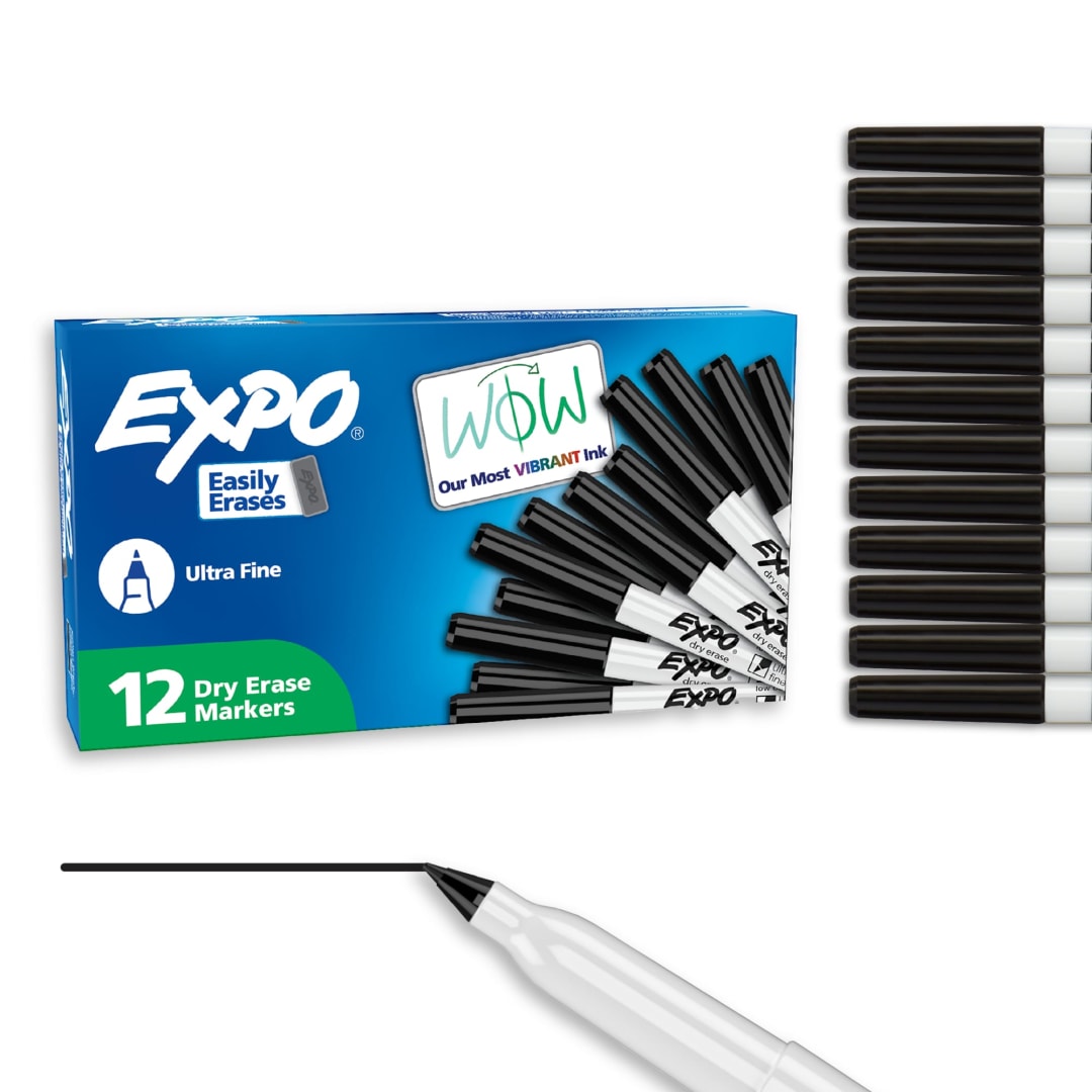 EXPO Dry Erase Markers, Low Odor Ink, Black, Ultra Fine Tip, 12 Count