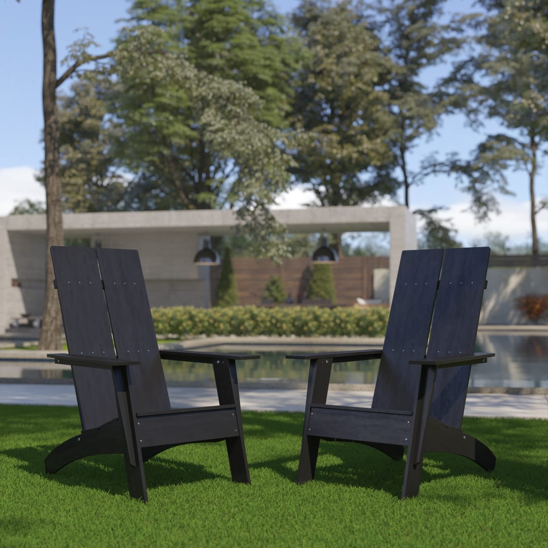 Set of 2 Sawyer Modern All-Weather Poly Resin Wood Adirondack Chairs in Black
