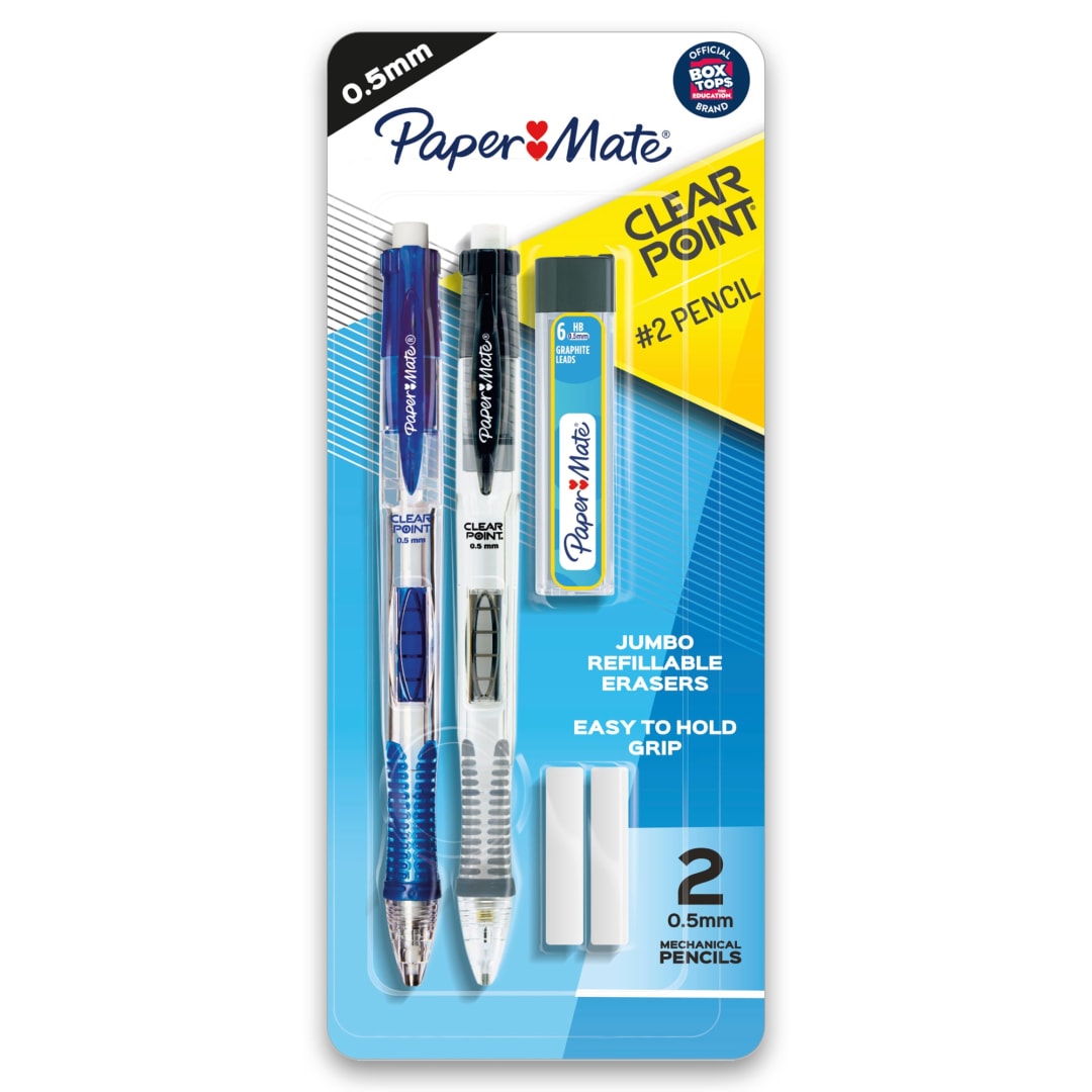 Paper Mate Clearpoint Mechanical Pencils, HB #2 Lead (0.5mm), Assorted Barrel Colors, 2 Pencils, 1 Lead Refill Set, 2 Erasers