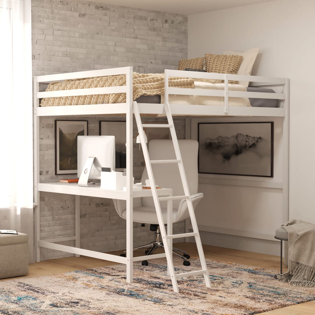 Riley Loft Bed Frame with Desk, Full Size Wooden Bed Frame with Protective Guard Rails &amp; Ladder for Kids and Teens - White