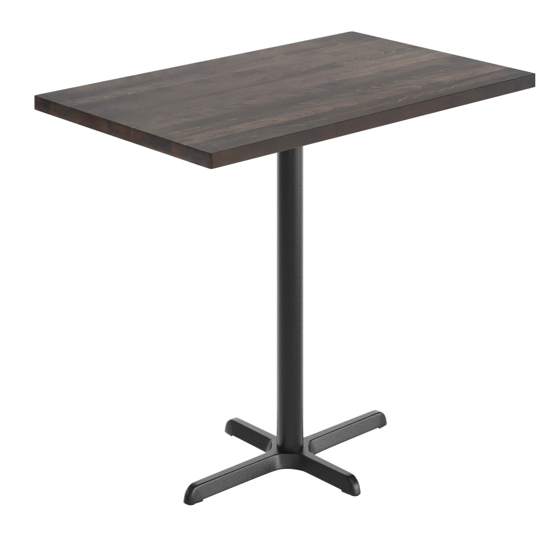 Bennett 30" x 48" Solid Wood Commercial Indoor Tabletop in Dark Brown with 23.5" x 29.5" Bar Height Rust-Resistant Black Cast Iron X-Base