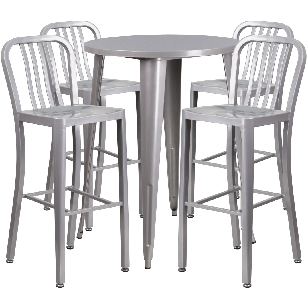 Tristan Commercial Grade 30" Round Silver Metal Indoor-Outdoor Bar Table Set with 4 Vertical Slat Back Stools