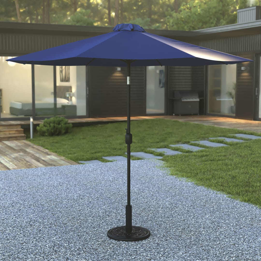 Sunny Navy 9 FT Round Umbrella with Crank and Tilt Function and Standing Umbrella Base