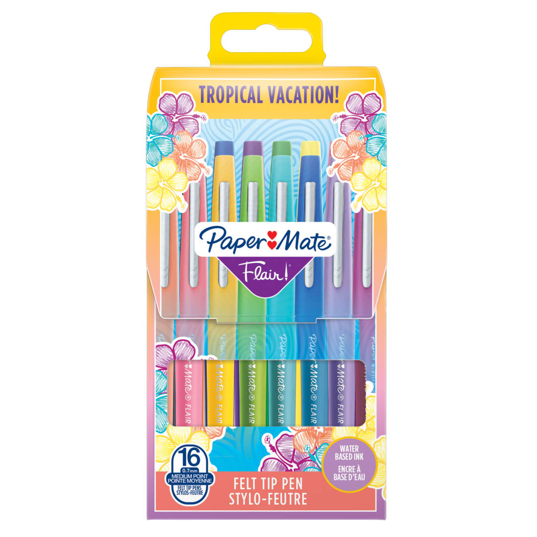 Paper Mate® Flair Felt Tip Pens | Medium Point (0.7mm) | Assorted Tropical Vacation Colours | 16 Count Pouch