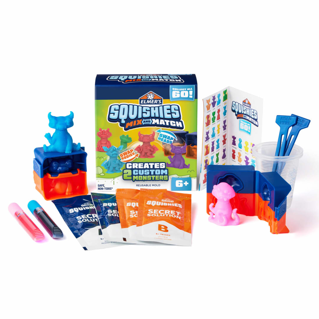 Elmer’s Squishies Mix and Match, DIY Squishy Toys, Kids Crafts, Creates 2 Mix and Match Characters, 12 Piece Kit