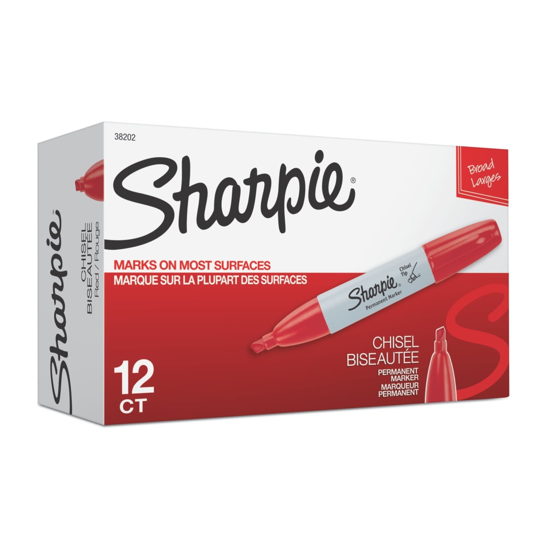 Sharpie® Permanent Markers, Chisel Tip, Red, 12 Count
