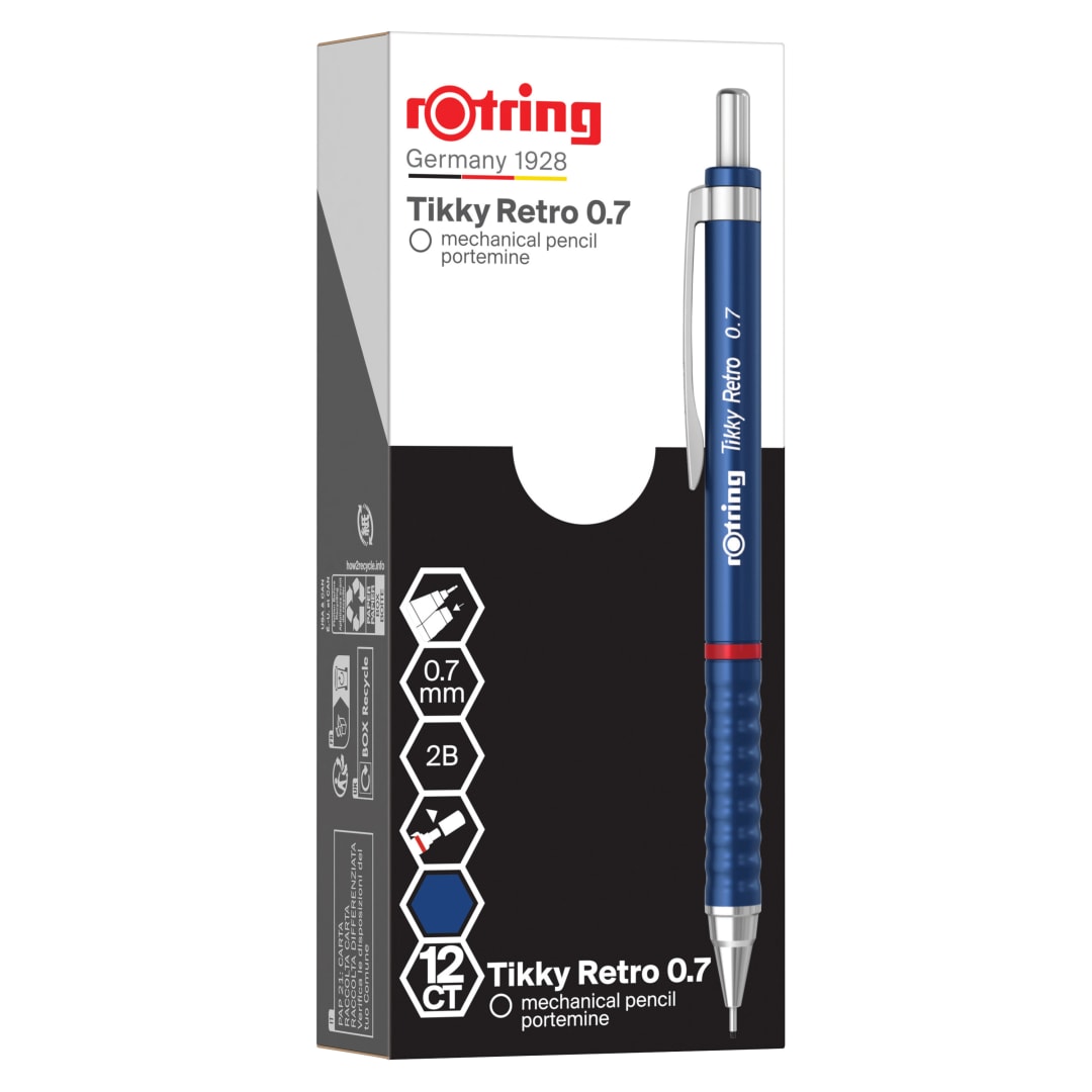 rOtring Tikky Retro Portaminas | 2B 0,7 mm | Cuerpo azul | Cómodo agarre ondulado | 12 unidades