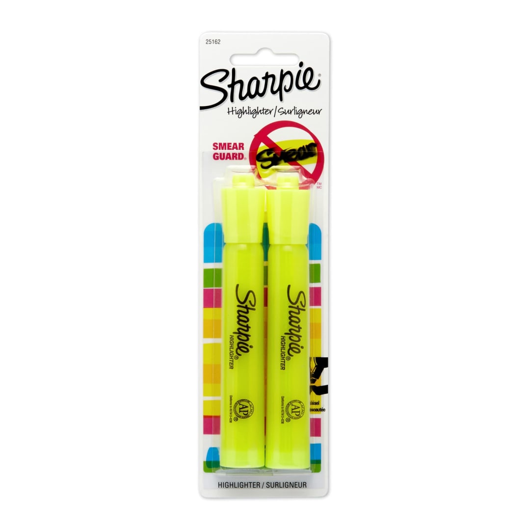Sharpie® Tank Style Highlighters, Chisel Tip, Fluorescent Yellow, 2 Count
