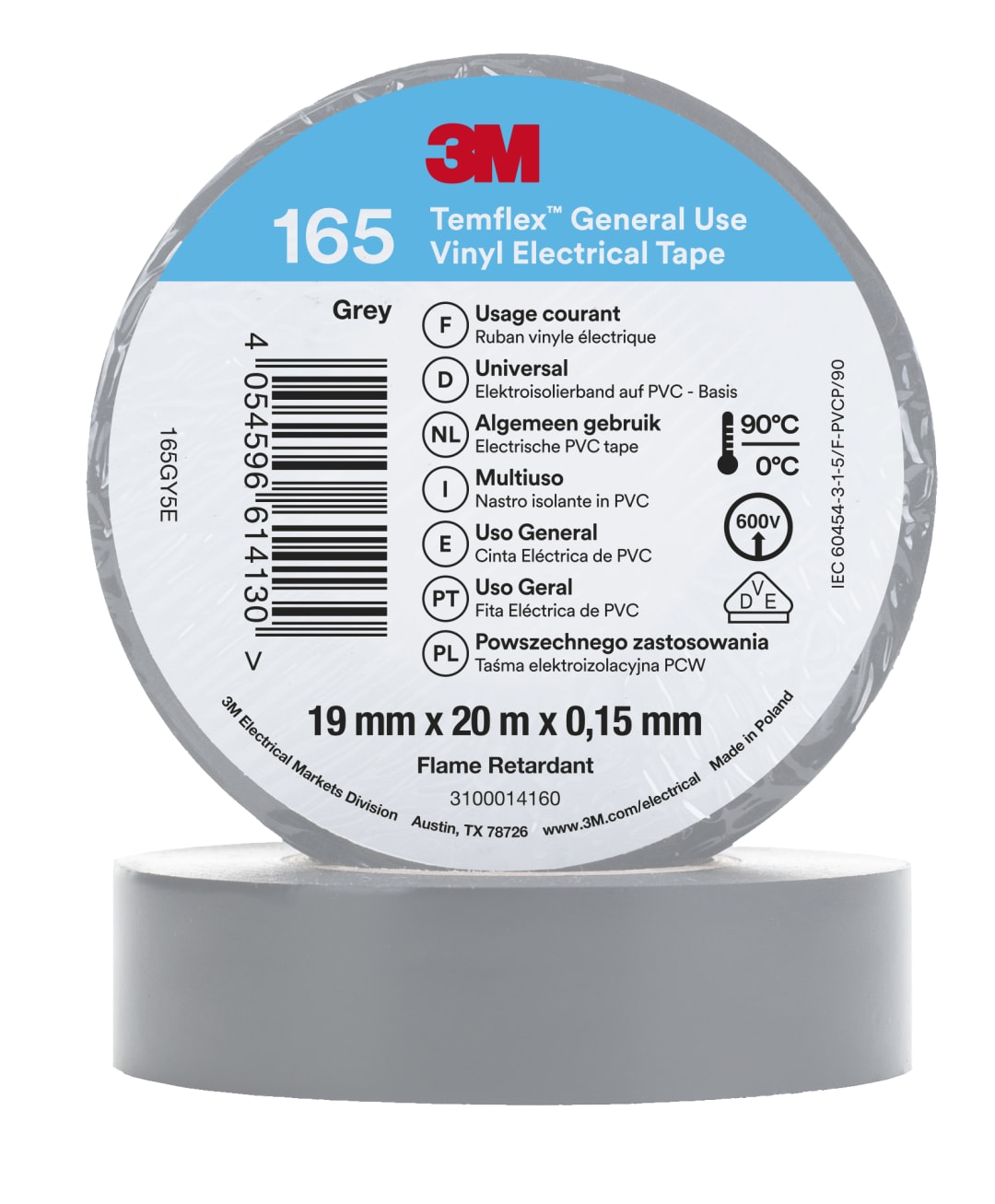 3M™ Temflex™ Vinyl Electrical Tape 165, Grey, 19 mm x 20 m, 100 Rolls/Case
