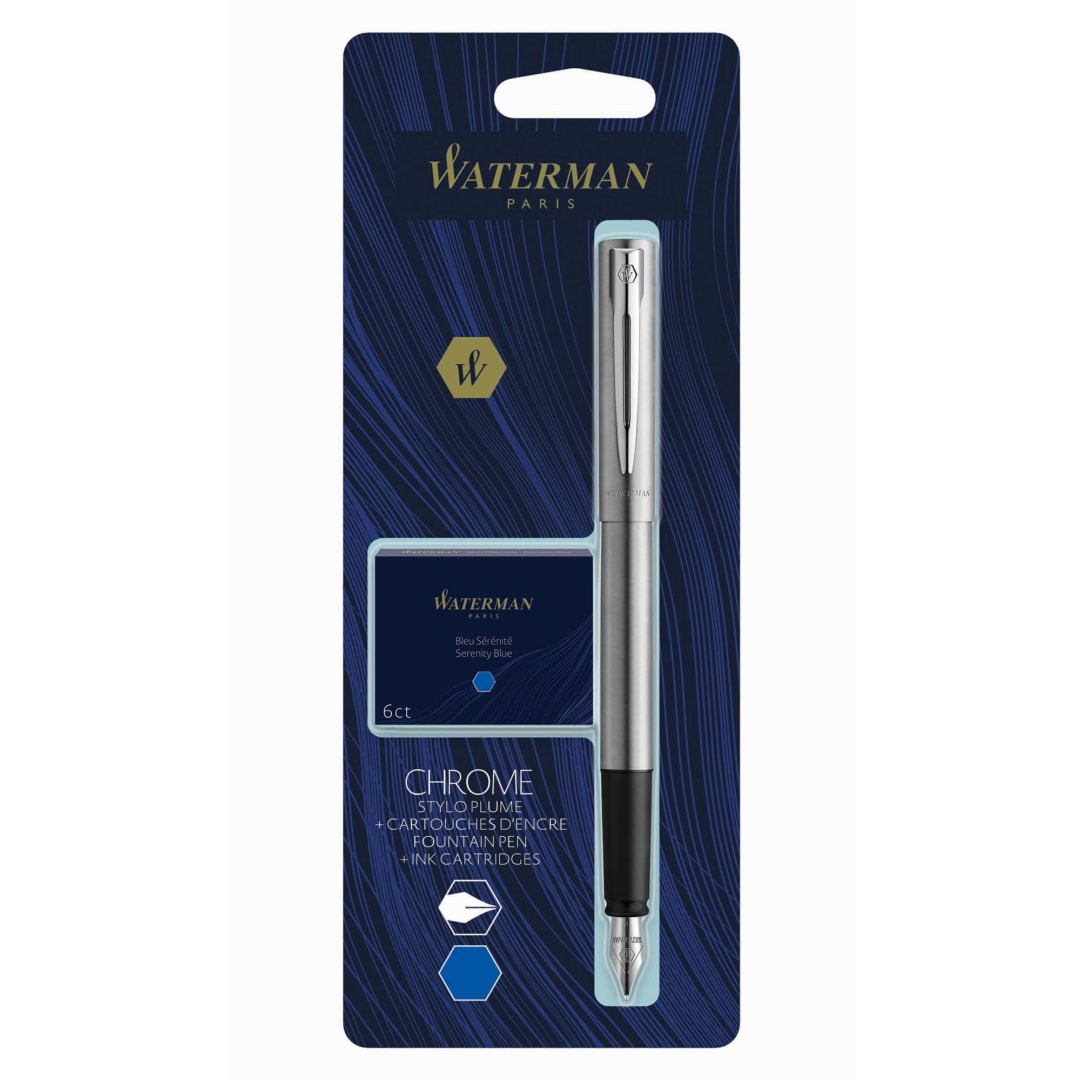 Waterman Allure Fountain Pen | Chrome Trim | Fine Nib | with 6 Short Blue Ink Cartridges