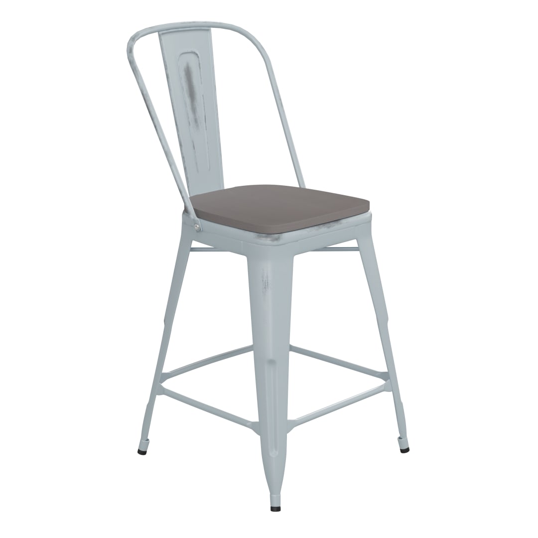 Carly Commercial Grade 24" High Green-Blue Metal Indoor-Outdoor Counter Height Stool with Back with Gray Poly Resin Wood Seat
