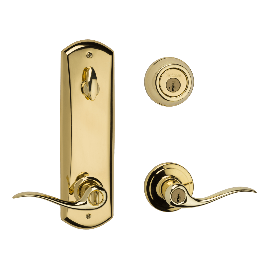 Tustin Deadlatch Interconnect Keyed Entry UL Lever featuring SmartKey Security™ in Polished Brass