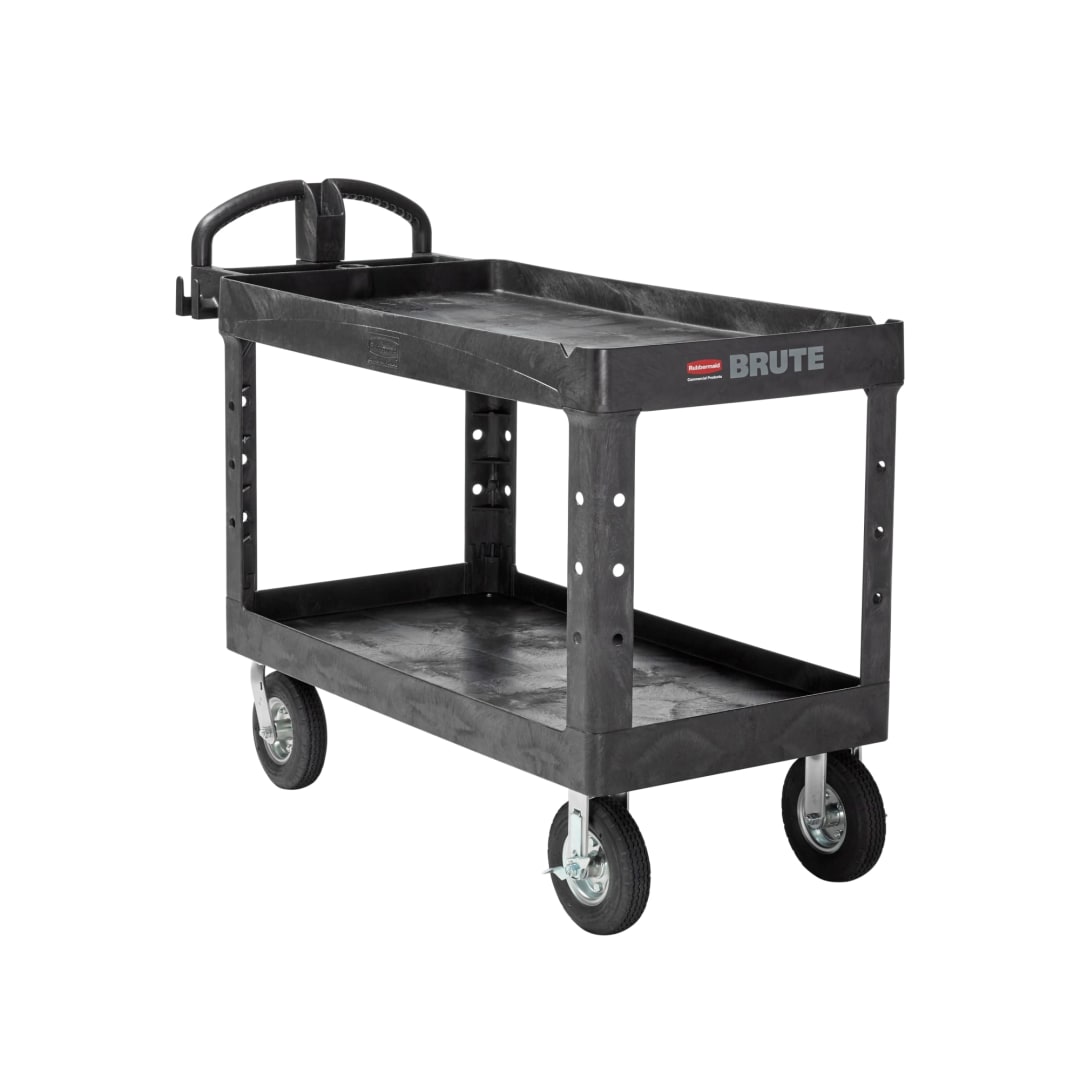 BRUTE Heavy Duty Ergo Handle Utility Cart with Pneumatic Casters, Lipped Shelf, Large, Black