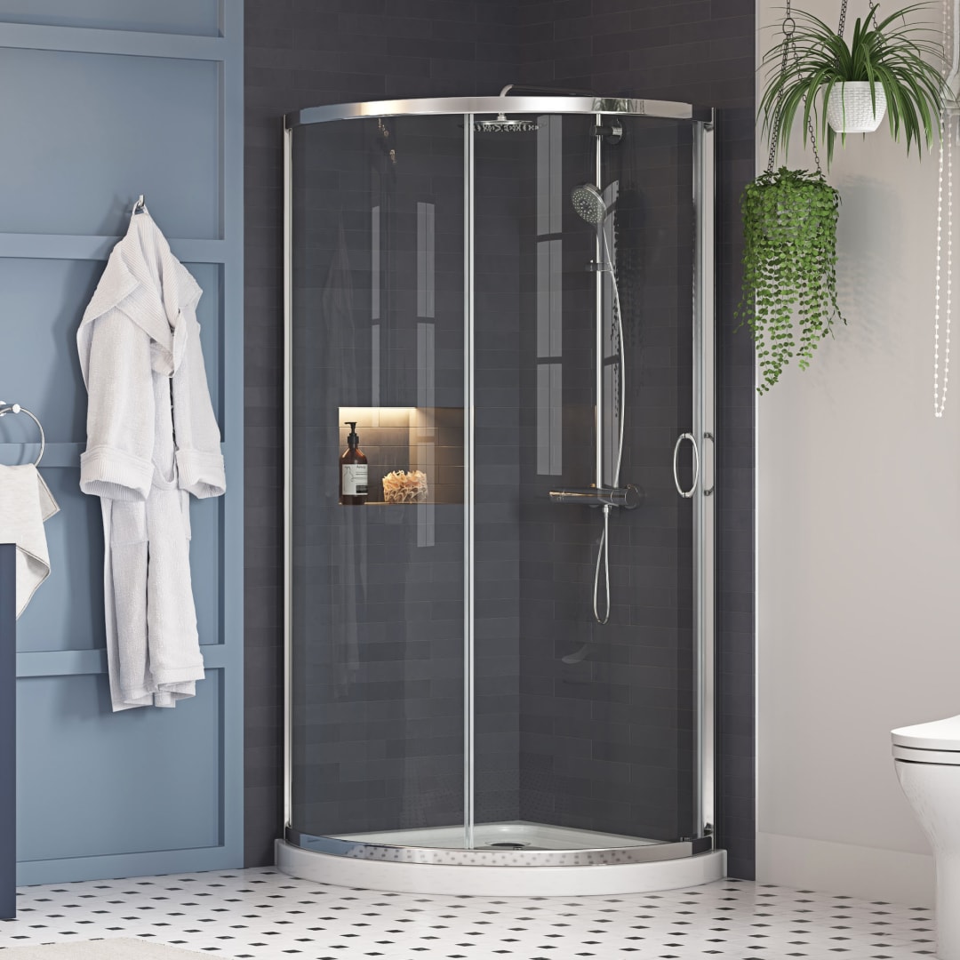 Breeze 44 in. L x 44 in. W x 77 in. H Round Corner Shower Kit in Chrome with Clear Sliding Door and Shower Base Pan (Walls not Included)