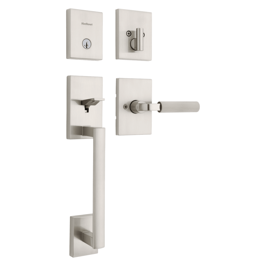 San Clemente Single Cylinder Low Profile Handleset w/Mirada Lever featuring SmartKey Security™ in Satin Nickel