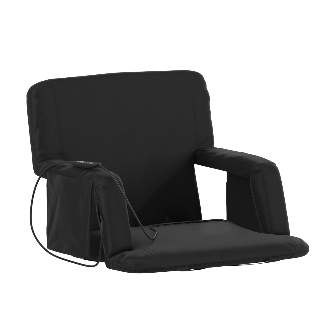 Malta Extra Wide Black Portable Heated Reclining Stadium Chair w/Armrests, Padded Back &amp; Heated Seat w/Dual Storage Pockets and Backpack Straps