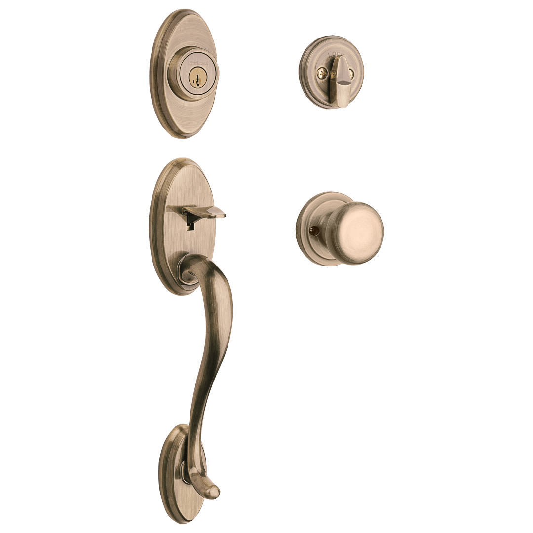 Shelburne Single Cylinder Handleset w/Juno Knob featuring SmartKey Security™ in Antique Brass