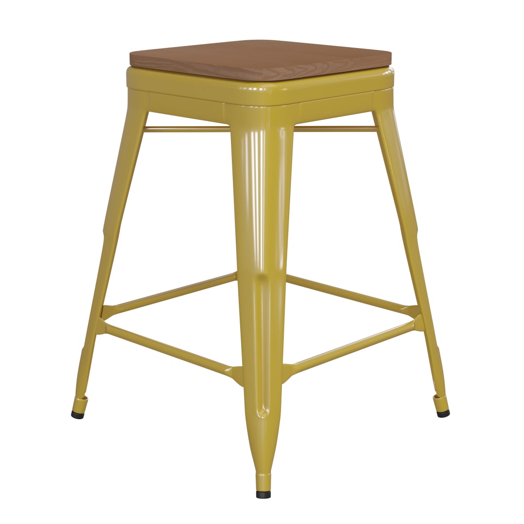 Kai Commercial Grade 24" High Backless Yellow Metal Indoor-Outdoor Counter Height Stool with Teak Poly Resin Wood Seat