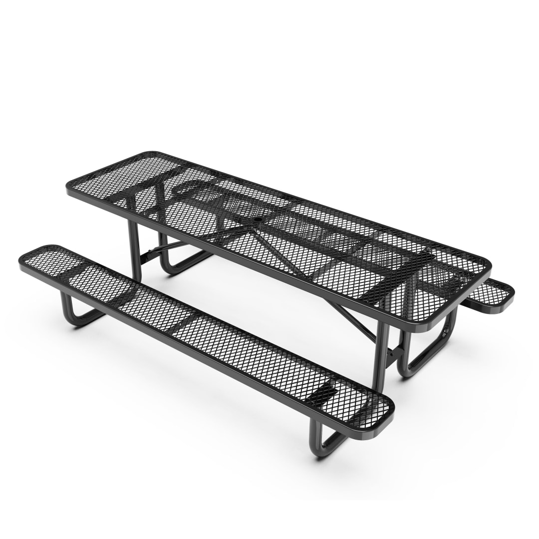 Mantilla 8' Rectangular Outdoor Picnic Table with Commercial Heavy Gauge Expanded Metal Mesh Top and Seats and Steel Frame in Black with Anchors