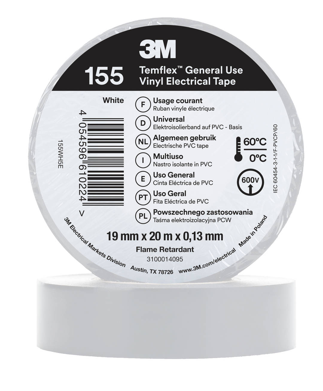 3M™ Temflex™ Vinyl-Isolierband 155, Weiß, 19 mm x 20 m