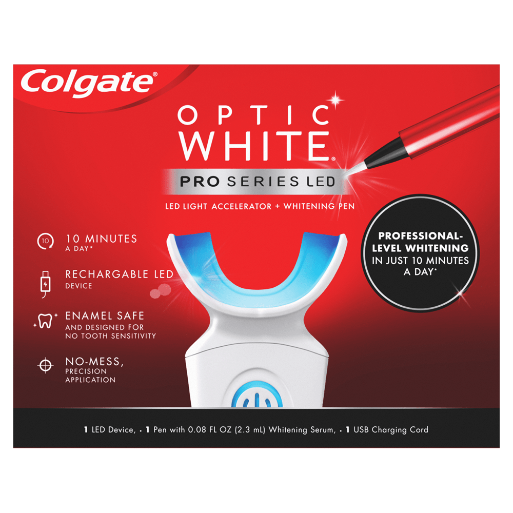 Colgate Optic White Pro Series Teeth Whitening Pen and LED Tray, Professional-Level Whitening Set, Rechargeable
