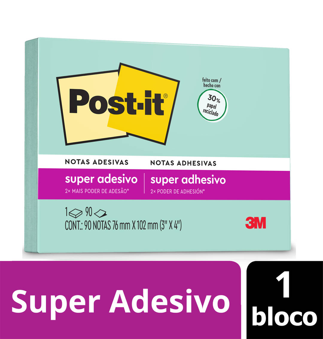 Bloco de Notas Super Adesivas Post-it®, Menta, 76 mm x 102 mm, 90 Folhas