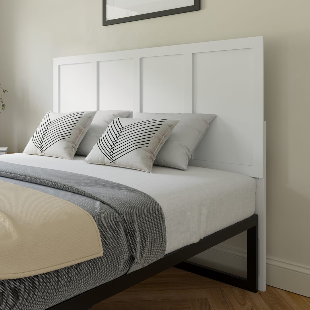 Oliver Queen Size Four Panel Wooden Adjustable Headboard for Universal Metal Bed Frames in White