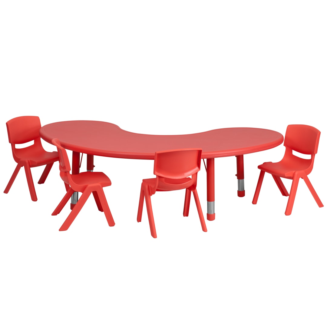 Emmy 35''W x 65''L Half-Moon Red Plastic Height Adjustable Activity Table Set with 4 Chairs