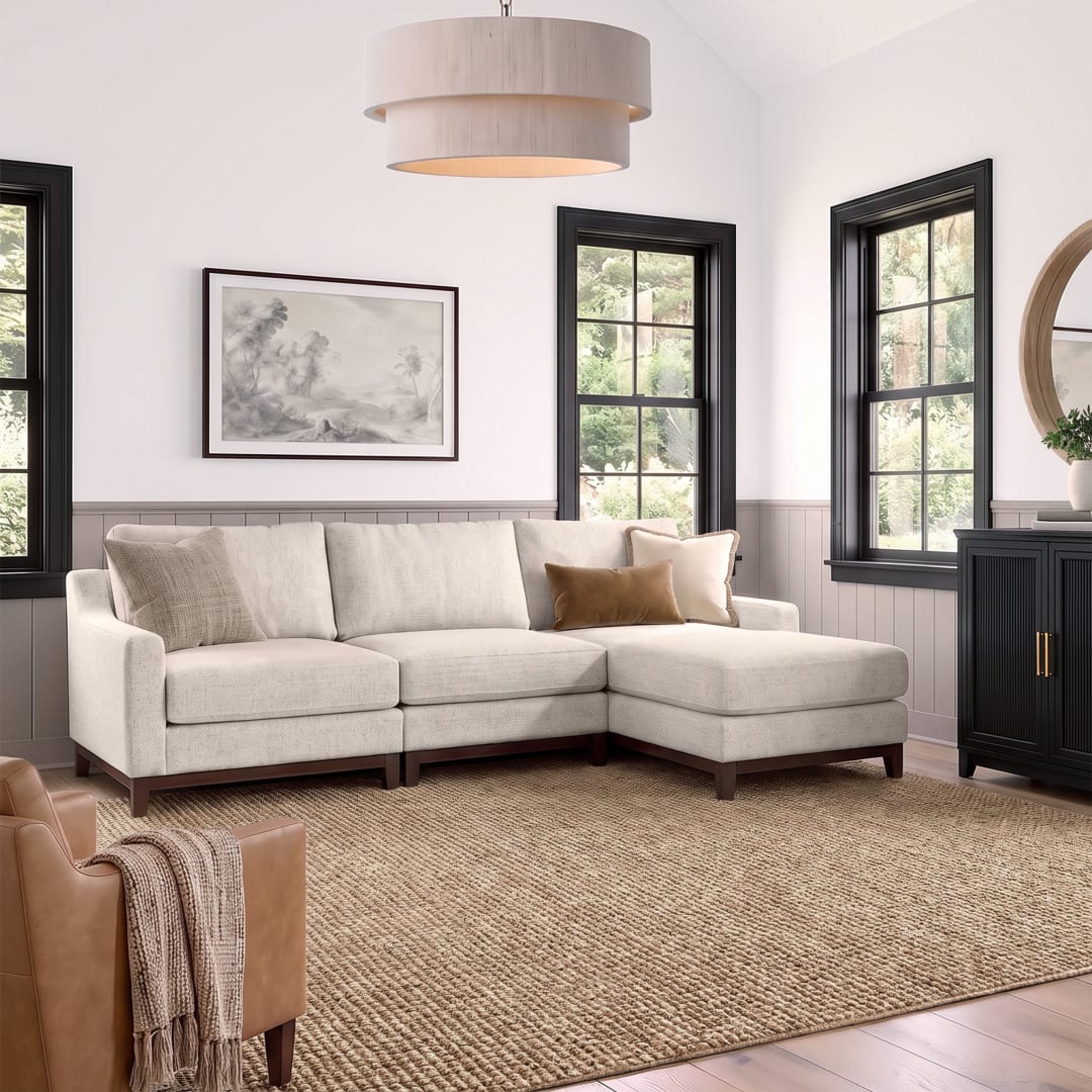 Bedford 3-Piece Modular Sectional Sofa Set, Left Facing Unit, Center Unit, Right Facing Chaise, Solid Wood Frame and Tapered Legs, Ivory