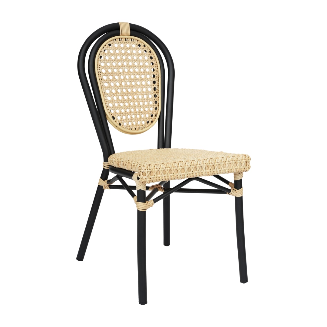 Cannes Indoor/Outdoor Commercial Thonet Bistro Stacking Chair, Natural PE Cane Rattan and Black Aluminum Frame