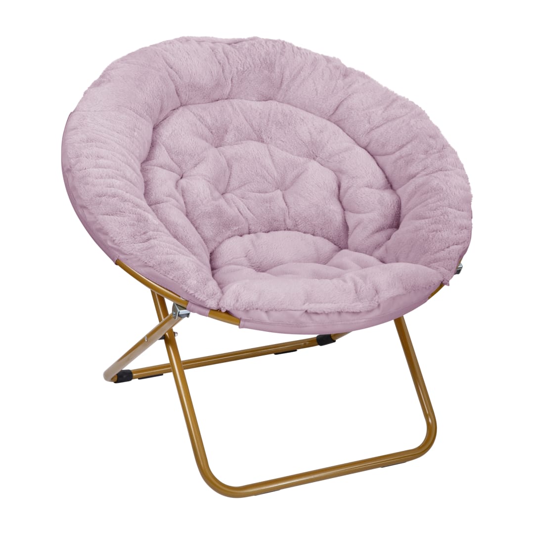 Gwen 38" Oversize Portable Faux Fur Folding Saucer Moon Chair for Dorm and Bedroom, Dusty Purple Faux Fur/Soft Gold Frame