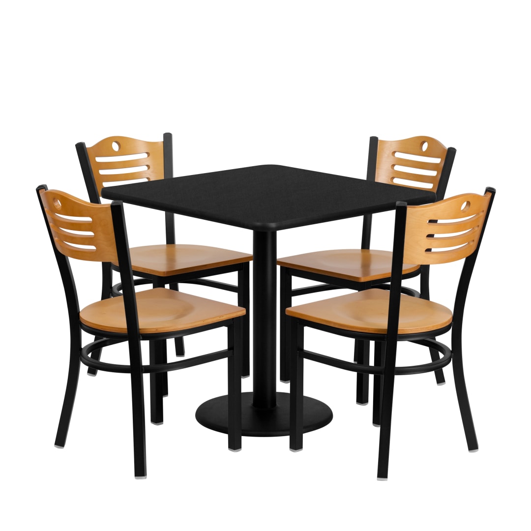 Clark 30'' Square Black Laminate Table Set with 4 Wood Slat Back Metal Chairs - Natural Wood Seat