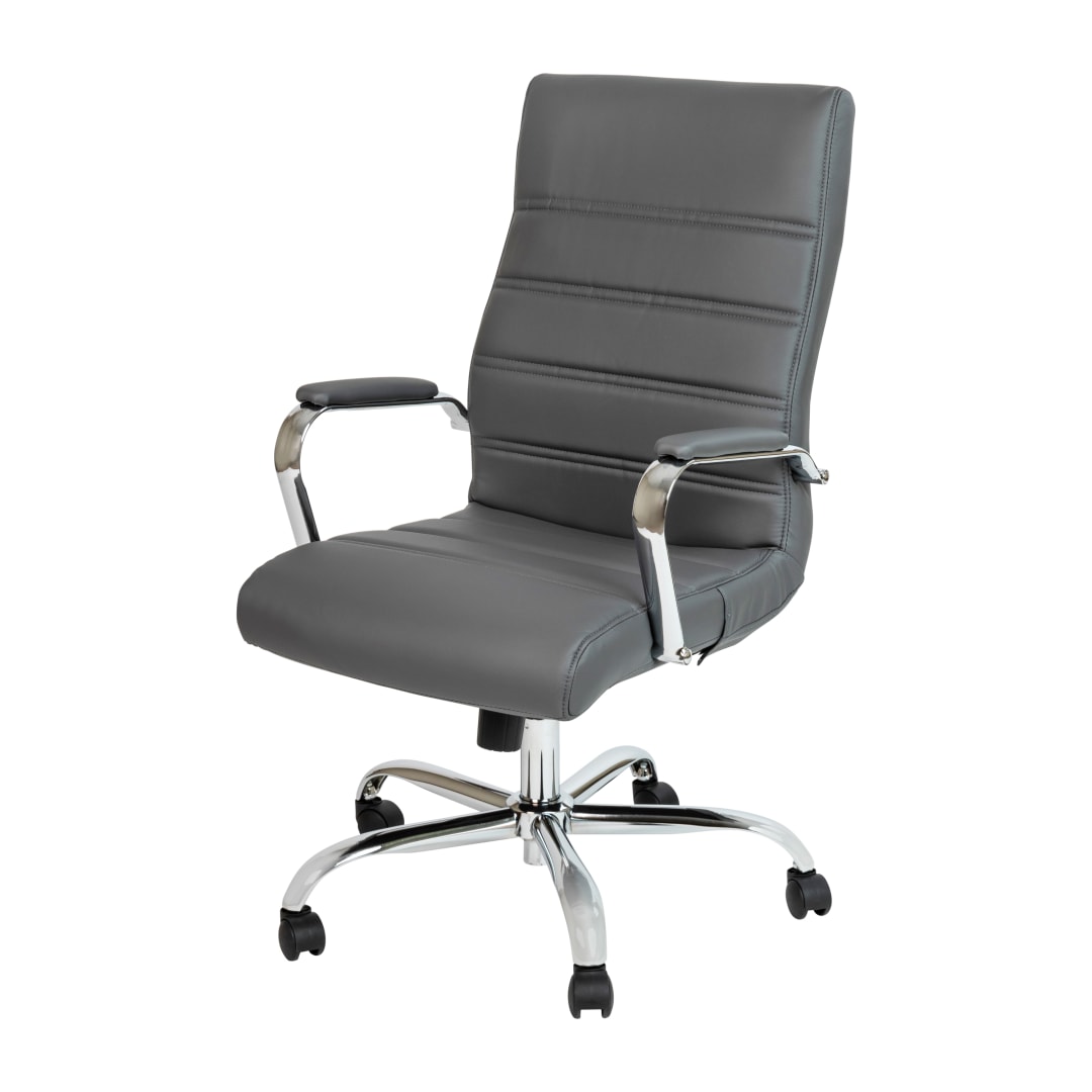 Whitney High Back Gray LeatherSoft Executive Swivel Office Chair with Chrome Frame and Arms