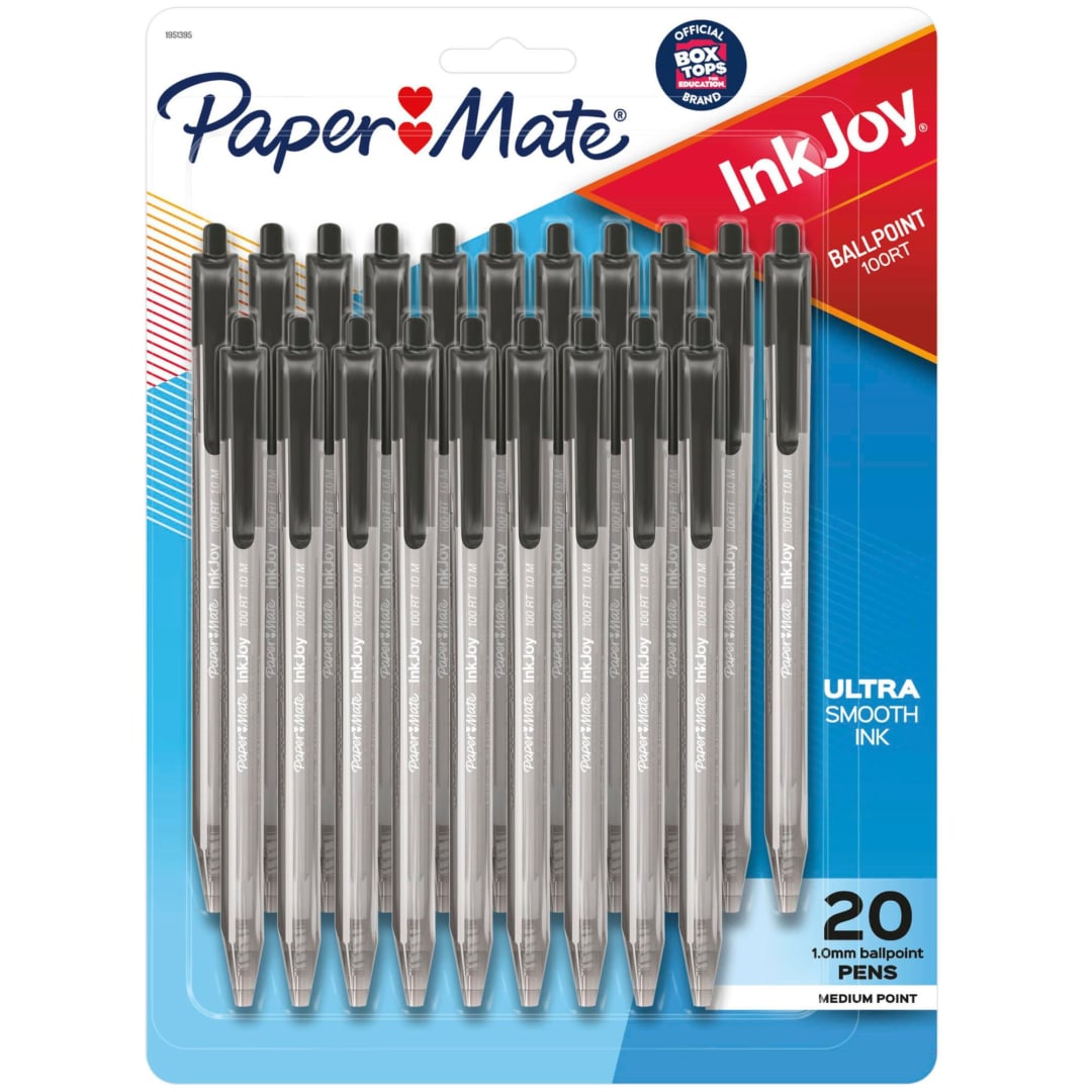 Paper Mate® InkJoy® 100RT Retractable Ballpoint Pens, Medium Point (1.0mm), Black, 20 Count