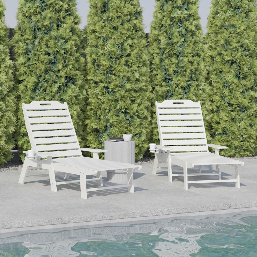 Monterey Set of 2 Adjustable Adirondack Loungers with Cup Holders- All-Weather Indoor/Outdoor HDPE Lounge Chairs in White